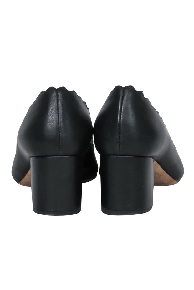 Current Boutique-Chloe - Black Leather Scalloped Block Heel "Lauren" Pumps Sz 5.5