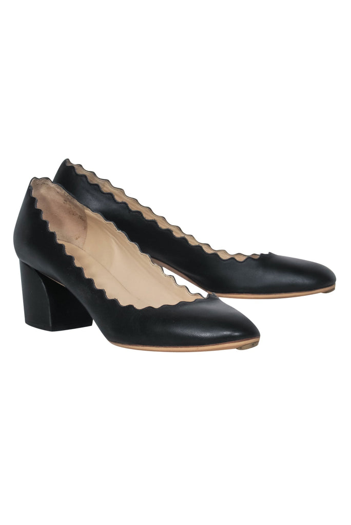 rysten bud Ud Chloe - Black Leather Scalloped Block Heel "Lauren" Pumps Sz 5.5 – Current  Boutique
