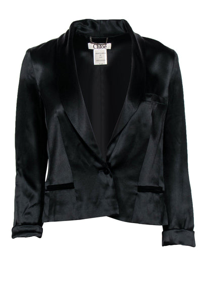 Current Boutique-Chloe - Black Satin Double Breasted Open Front Blazer Sz 0