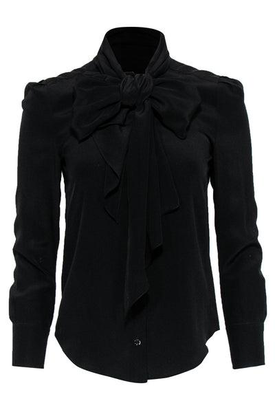 Current Boutique-Chloe - Black Silky Tie-Neck Long Sleeve Blouse Sz XS