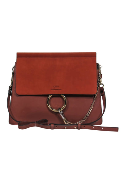 Current Boutique-Chloe - Brown Leather & Suede Fold-Over "Faye" Shoulder Bag w/ Ring Hardware