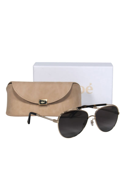 Current Boutique-Chloe - Gold & Tortoise Shell Polarized Aviator Sunglasses w/ Brow Bar