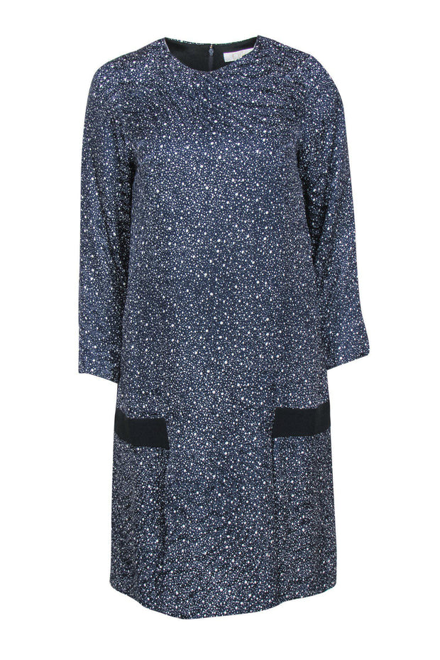 Current Boutique-Chloe - Navy Blue & Grey Speckled Pattern Silk Shift Dress Sz 10