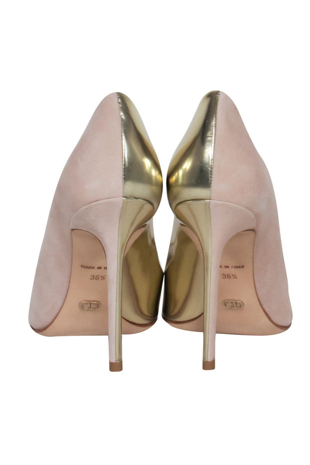 Current Boutique-Christian Dior - Beige Suede & Gold Leather Open Toe Pumps Sz 6.5