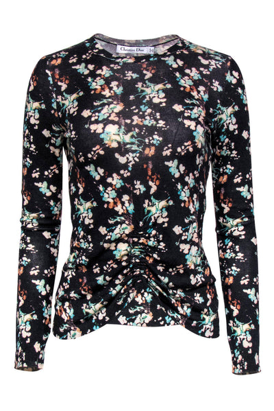 Current Boutique-Christian Dior - Black & Multicolored Floral Print Ruched Sweater Sz 6