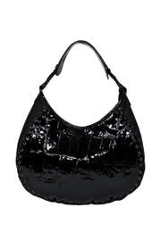 Current Boutique-Christian Dior - Black Patent Leather Reptile Embossed Handbag w/ Lace-Up Trim