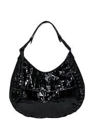 Current Boutique-Christian Dior - Black Patent Leather Reptile Embossed Handbag w/ Lace-Up Trim