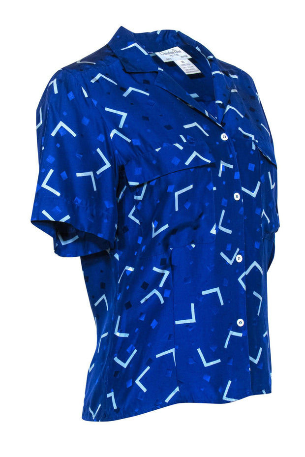 Current Boutique-Christian Dior - Blue & Turquoise Geometric Print Button-Up Silk Blouse Sz 10P