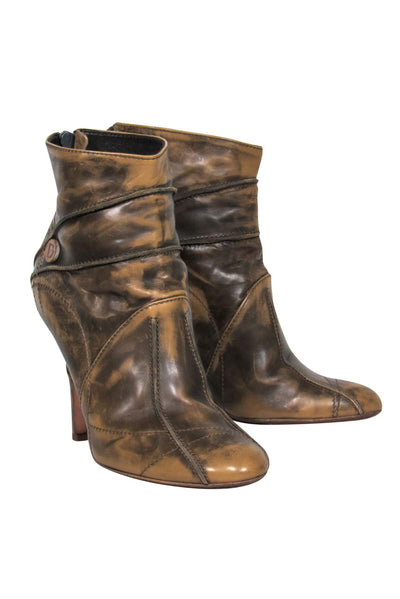 Current Boutique-Christian Dior - Brown Leather Marbled Heel Ankle Booties w/ Stitching Details Sz 6.5