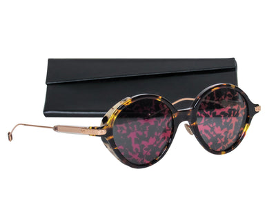 Current Boutique-Christian Dior - Brown Tortoise Shell Round Sunglasses w/ Pink Leaf Print Lenses
