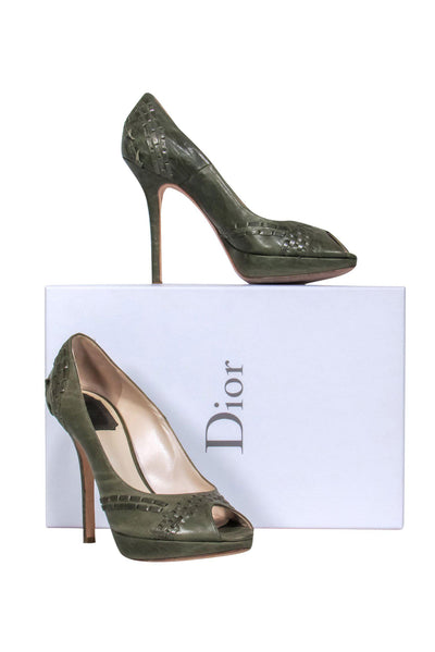 Current Boutique-Christian Dior - Metallic Olive Green Leather Peep Toe Pumps Sz 7