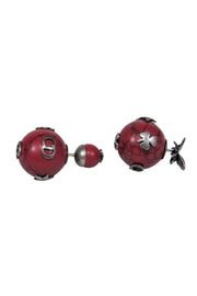 Current Boutique-Christian Dior - Red Marbled Round "Tribales" Earrings w/ Bees & Clovers