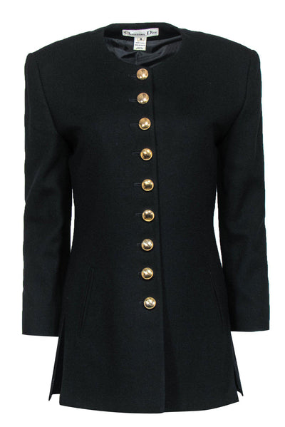 Current Boutique-Christian Dior - Vintage Black Wool Longline Jacket w/ Gold Buttons Sz 4