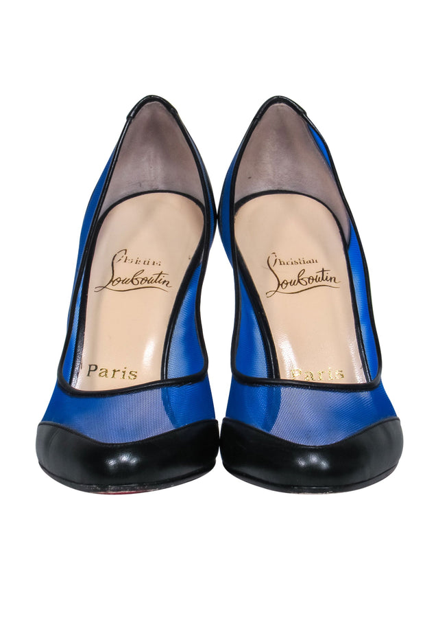 Current Boutique-Christian Louboutin - Black Leather & Blue Mesh Pointed Toe Pumps Sz 7