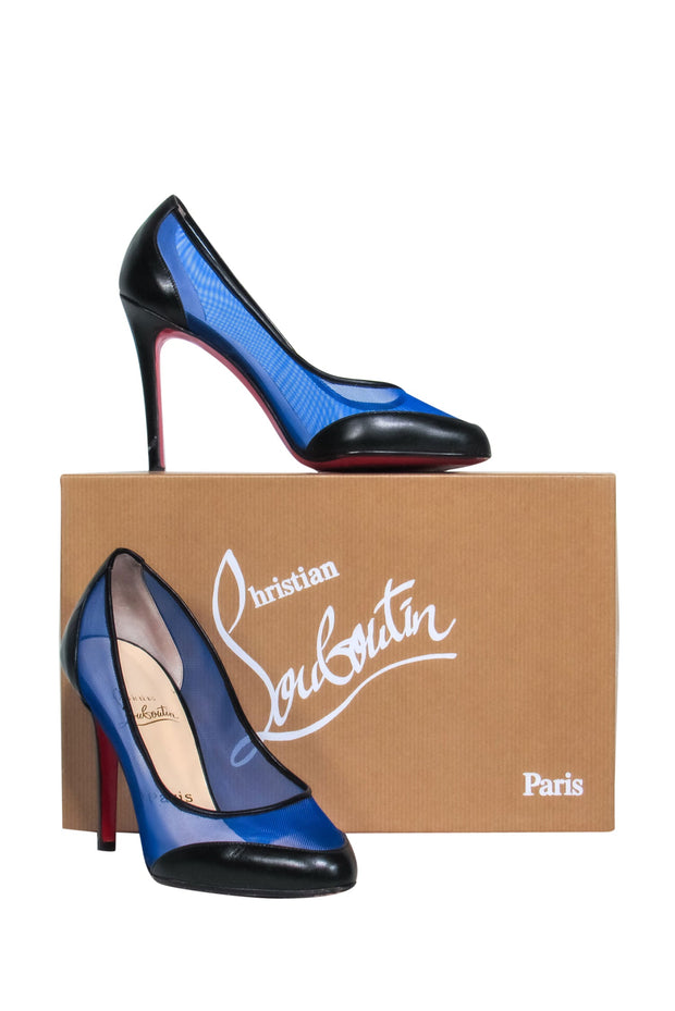 Current Boutique-Christian Louboutin - Black Leather & Blue Mesh Pointed Toe Pumps Sz 7