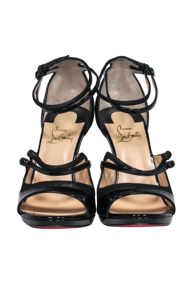 Current Boutique-Christian Louboutin - Black Patent Leather Open Toe Stilettos w/ Sparkly Trim Sz 8