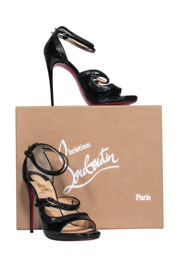 Current Boutique-Christian Louboutin - Black Patent Leather Open Toe Stilettos w/ Sparkly Trim Sz 8