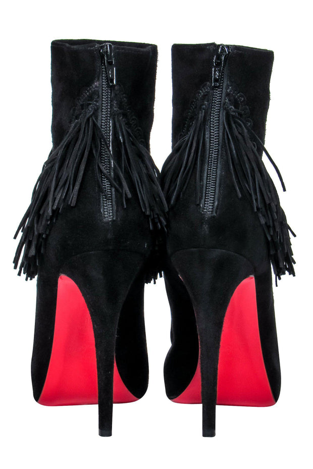 Current Boutique-Christian Louboutin - Black Suede Platform Stiletto Ankle Booties w/ Fringe Trim Sz 10