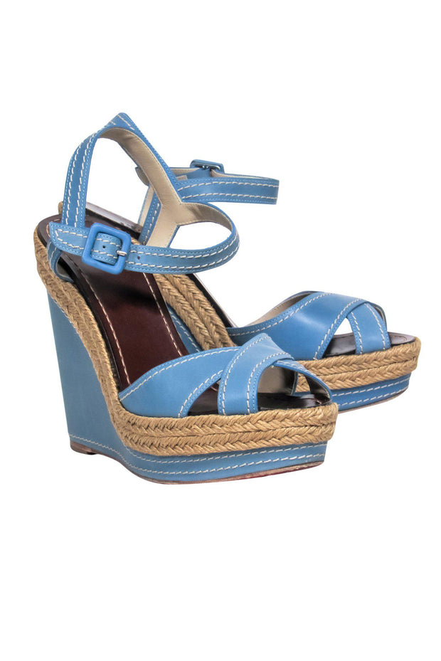 Christian Louboutin - Light Blue Leather Open Toe Wedges w/ Woven Trim –  Current Boutique