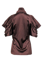 Current Boutique-Christian Siriano - Brown Pleated Blouse w/ Draped Short Sleeves Sz 8