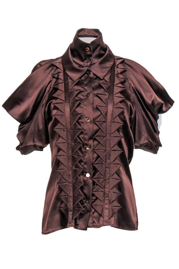 Current Boutique-Christian Siriano - Brown Pleated Blouse w/ Draped Short Sleeves Sz 8