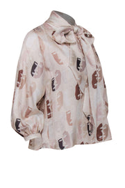 Current Boutique-Christine Alcalay - Beige Face Print Button-Up Silk Blouse w/ Necktie Sz XS