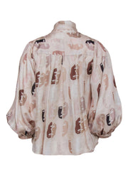 Current Boutique-Christine Alcalay - Beige Face Print Button-Up Silk Blouse w/ Necktie Sz XS
