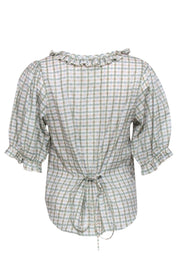 Current Boutique-Christy Dawn - Light Green, Blue & Beige Gingham Ruffled “Amber” Blouse Sz S
