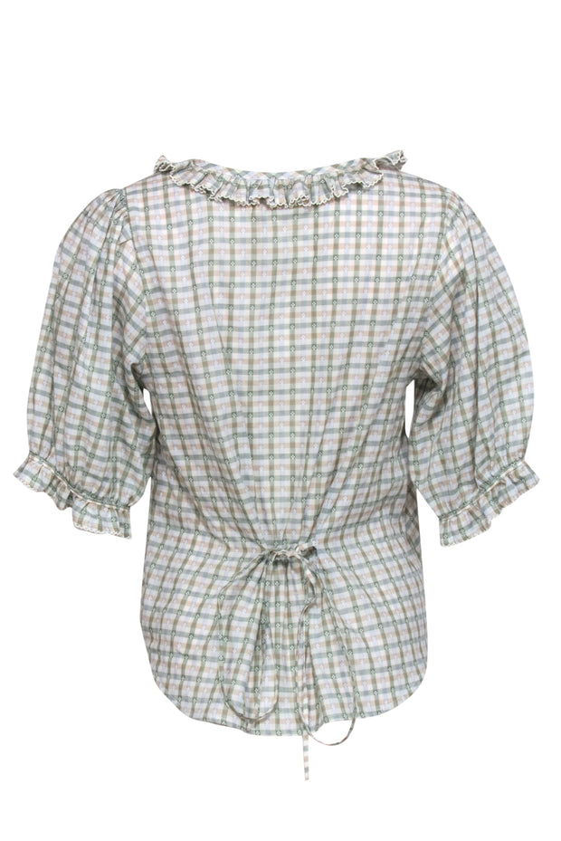Current Boutique-Christy Dawn - Light Green, Blue & Beige Gingham Ruffled “Amber” Blouse Sz S