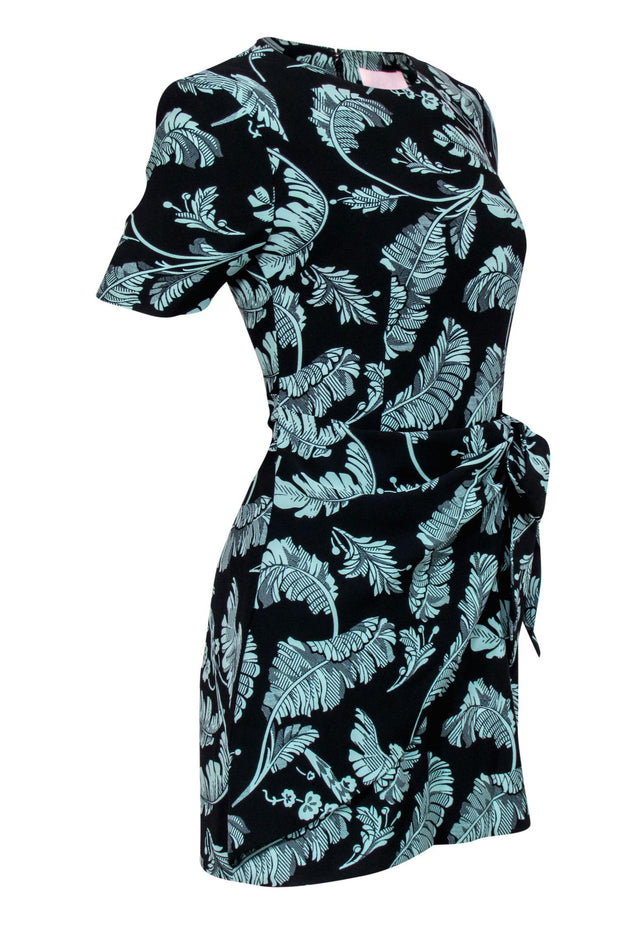 Current Boutique-Cinq a Sept - Black & Green Leaf Print Short Sleeve Sheath Dress w/ Wrap Sz 2