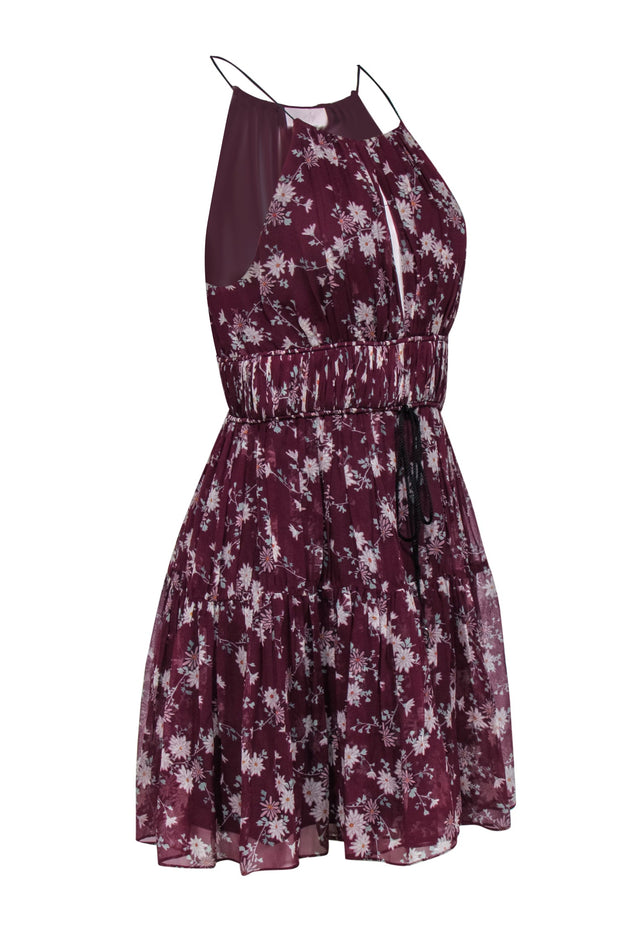 Current Boutique-Cinq a Sept - Maroon Floral Print Racer Top Mini Dress w/ Keyhole Sz M