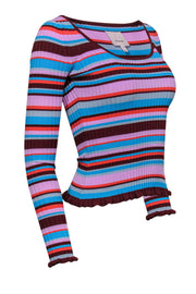 Current Boutique-Cinq a Sept - Multicolored Striped Ribbed Sweater w/ Ruffle Hem Sz XS