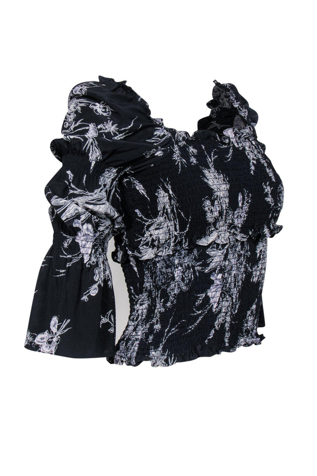 Current Boutique-Cinq a Sept - Navy Floral Print Ruffle Silk Crop Top Sz S