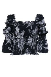 Current Boutique-Cinq a Sept - Navy Floral Print Ruffle Silk Crop Top Sz S