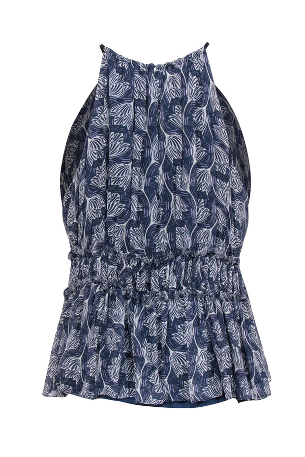 Current Boutique-Cinq a Sept - Navy & Ivory Floral Printed Silk Sleeveless Blouse Sz M