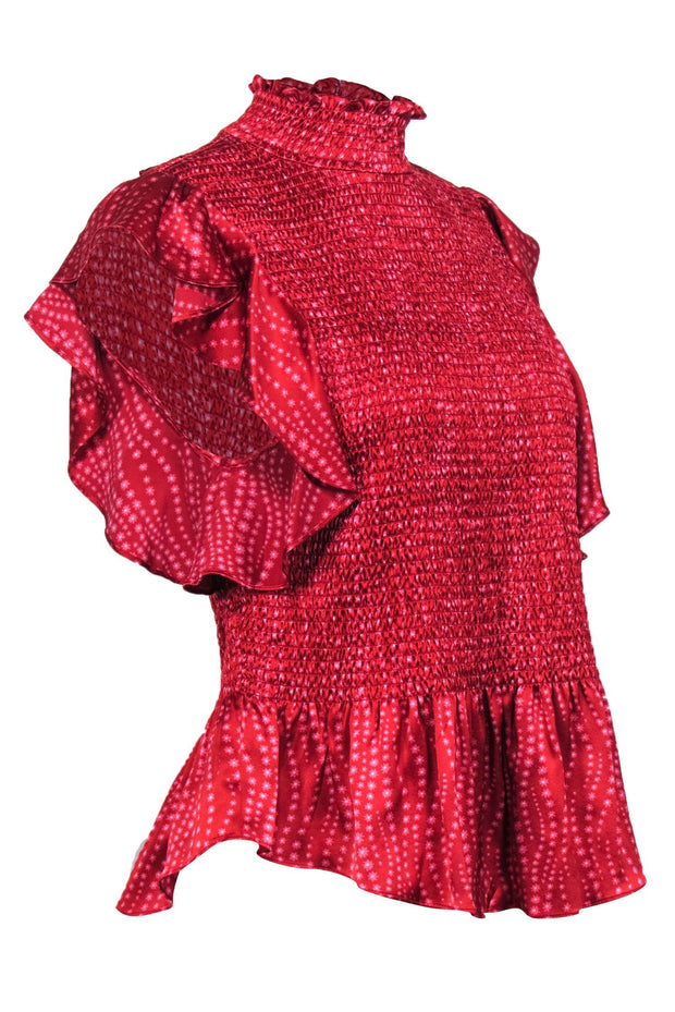 Current Boutique-Cinq a Sept - Red Floral Silk Satin "Kimiko" Smocked Ruffle Top Sz XL