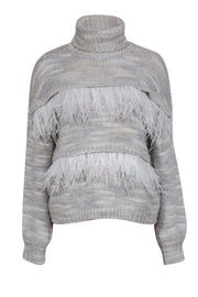 Current Boutique-Cinq a Sept - Tan & Gray Turtleneck Sweater w/ Feathers Sz S
