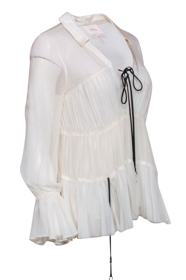 Current Boutique-Cinq a Sept - White Sheer Silk Tiered Peasant Blouse w/ Black Ties Sz S