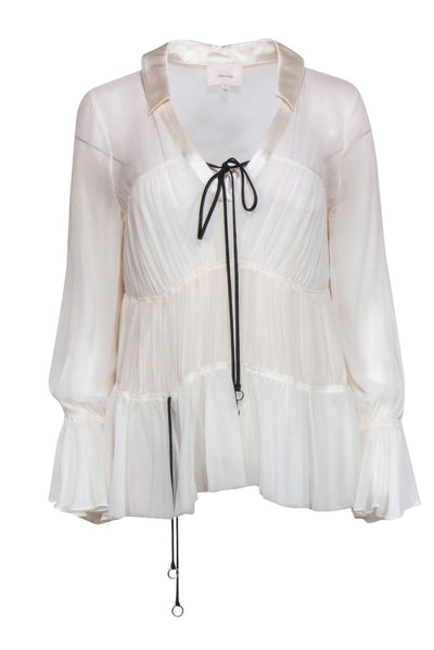 Current Boutique-Cinq a Sept - White Sheer Silk Tiered Peasant Blouse w/ Black Ties Sz S