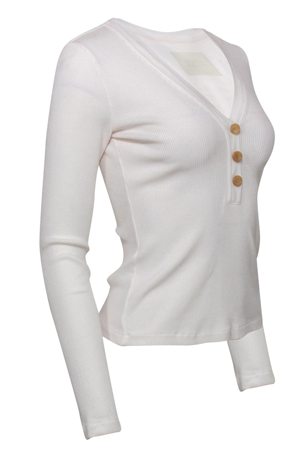 Current Boutique-Citizens of Humanity - White Ribbed Long Sleeve Henley-Style "Scarlett" Top Sz S