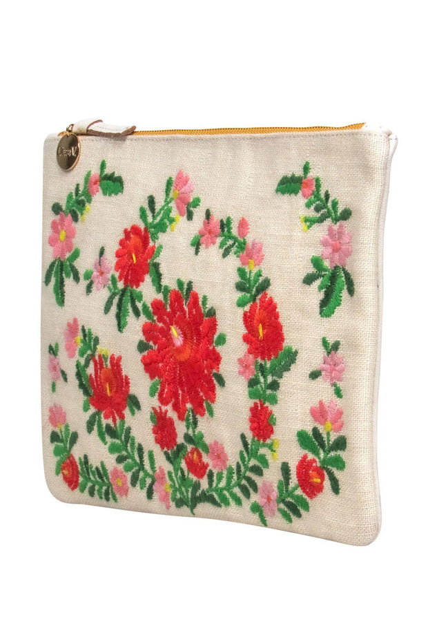Current Boutique-Clare V. - Beige Woven & Leather Clutch w/ Floral Embroidery