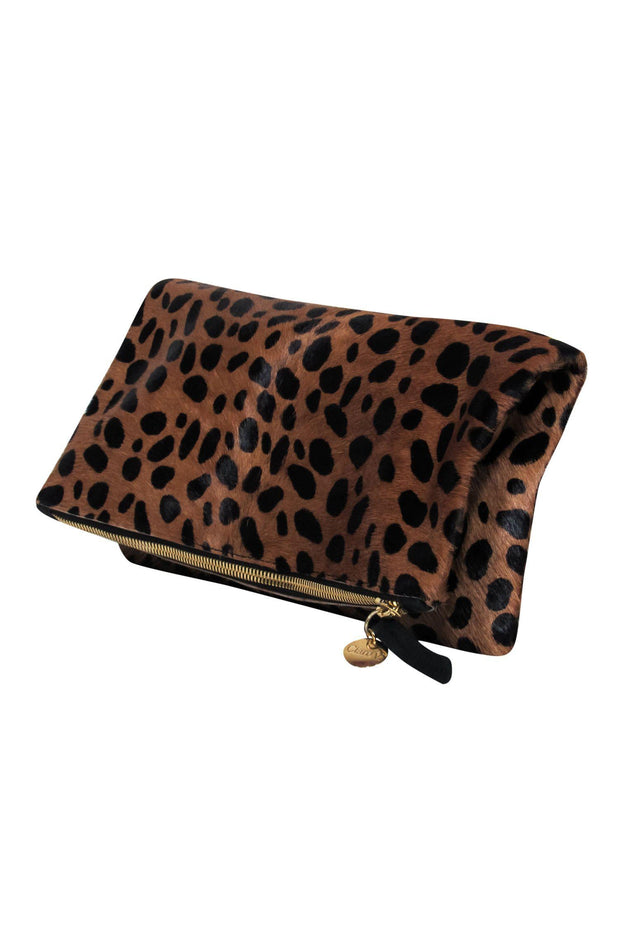 Current Boutique-Clare V. - Brown Leopard Print Calf Hair Fold-Over Zippered Clutch