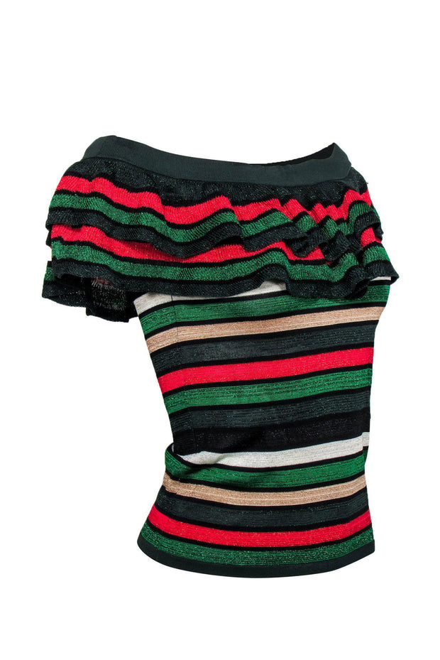 Current Boutique-Claudie Pierlot - Green & Striped Metallic Ruffle Knit Top Sz S