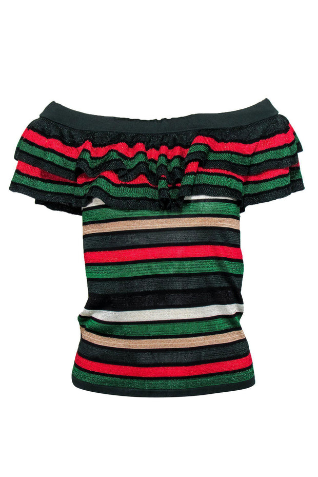 Current Boutique-Claudie Pierlot - Green & Striped Metallic Ruffle Knit Top Sz S