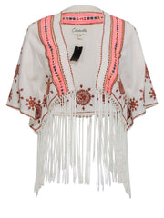 Current Boutique-Cleobella - Cream Cardigan Shirt w/ Multicolor Embroidery & Fringe Trim Sz XS