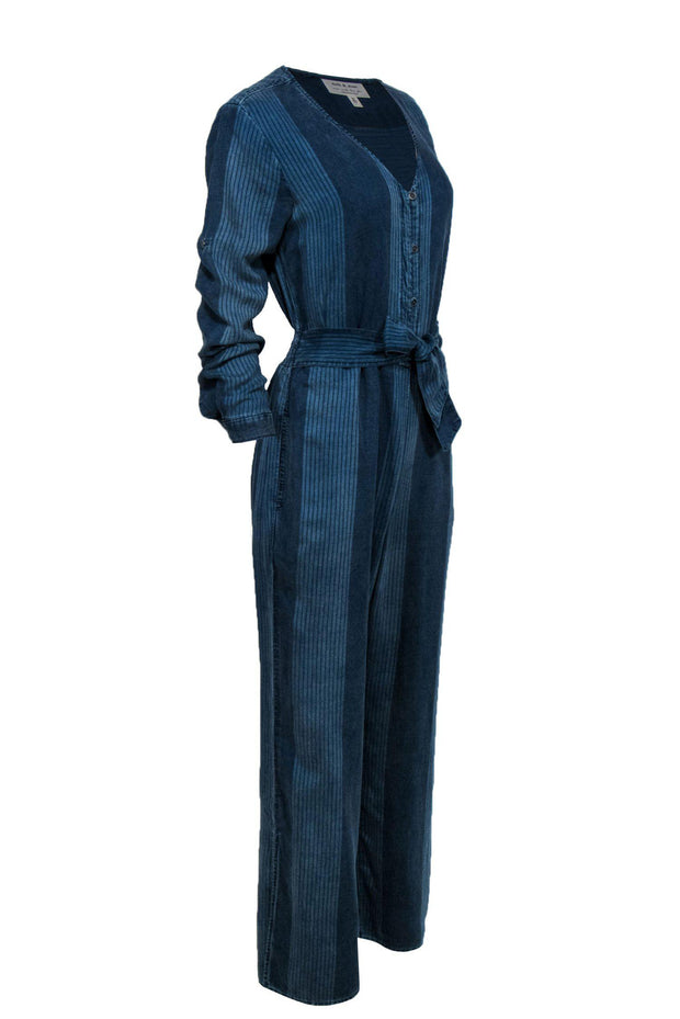 Current Boutique-Cloth & Stone by Anthropologie - Blue Chambray Striped Long Sleeve Jumpsuit Sz S
