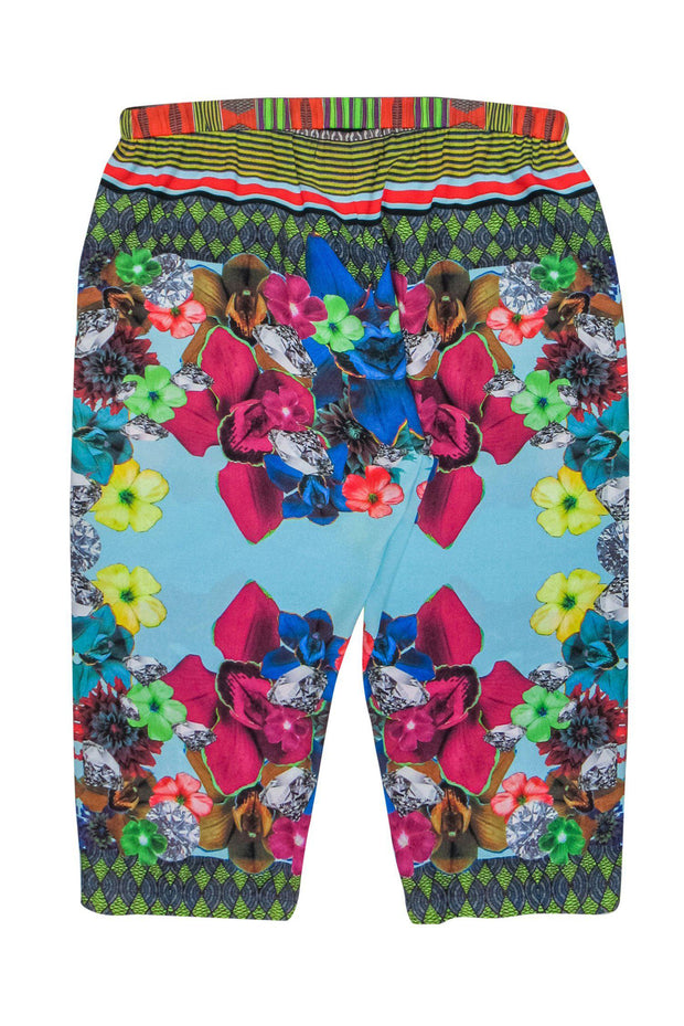 Current Boutique-Clover Canyon - Blue & Multicolored Floral & Diamond Print Cropped Drawstring Pants Sz M