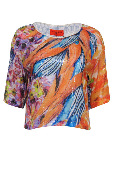 Current Boutique-Clover Canyon - Multicolored Tropical Floral Print Sequin "Birds of a Feather" Blouse Sz S