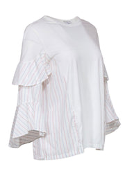 Current Boutique-Clu - White Long Sleeve Blouse w/ Ruffle Striped Sleeves Sz S
