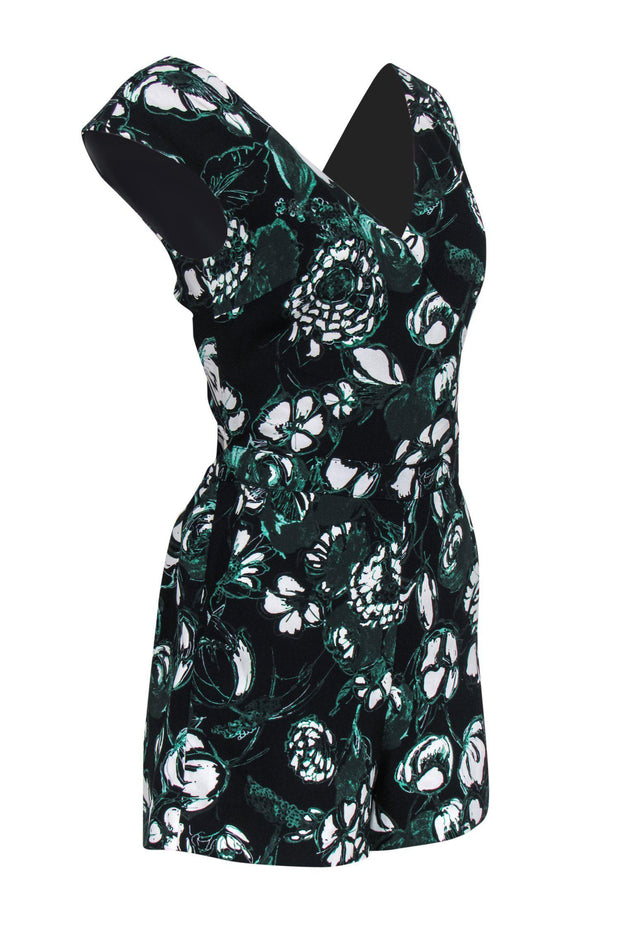 Current Boutique-Club Monaco - Black, Green & White Floral Print Sleeveless Romper w/ Back Cutout Sz XS